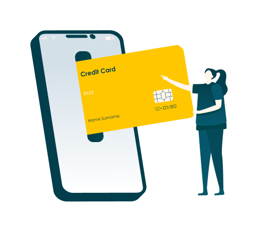 Digital character inserting a credit card into a mobile phone.